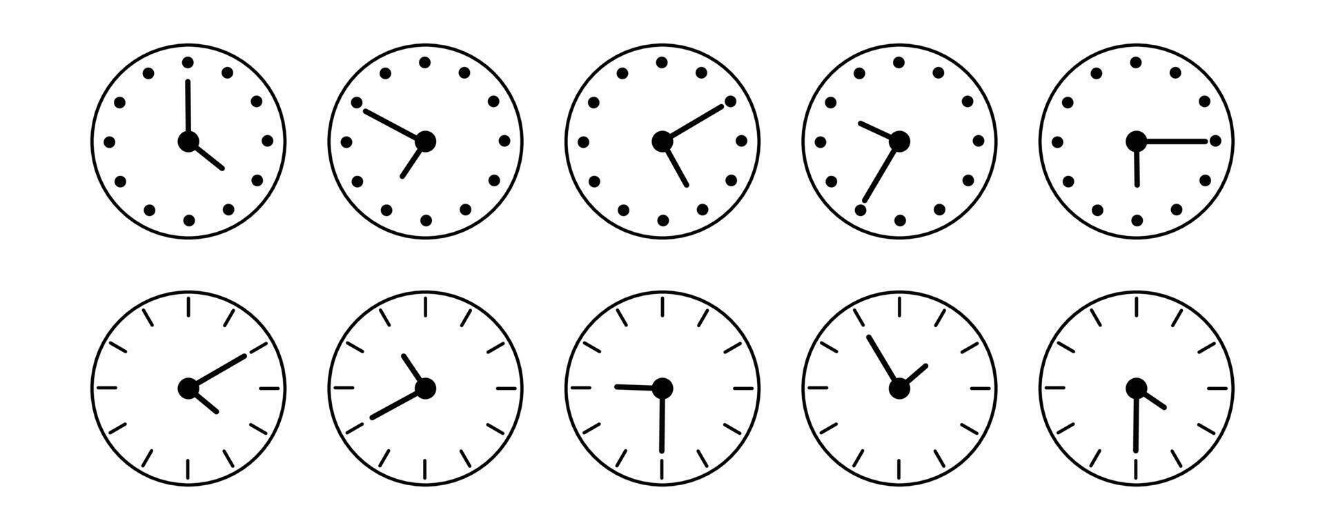 Collection of clocks showing different times isolated on white background vector