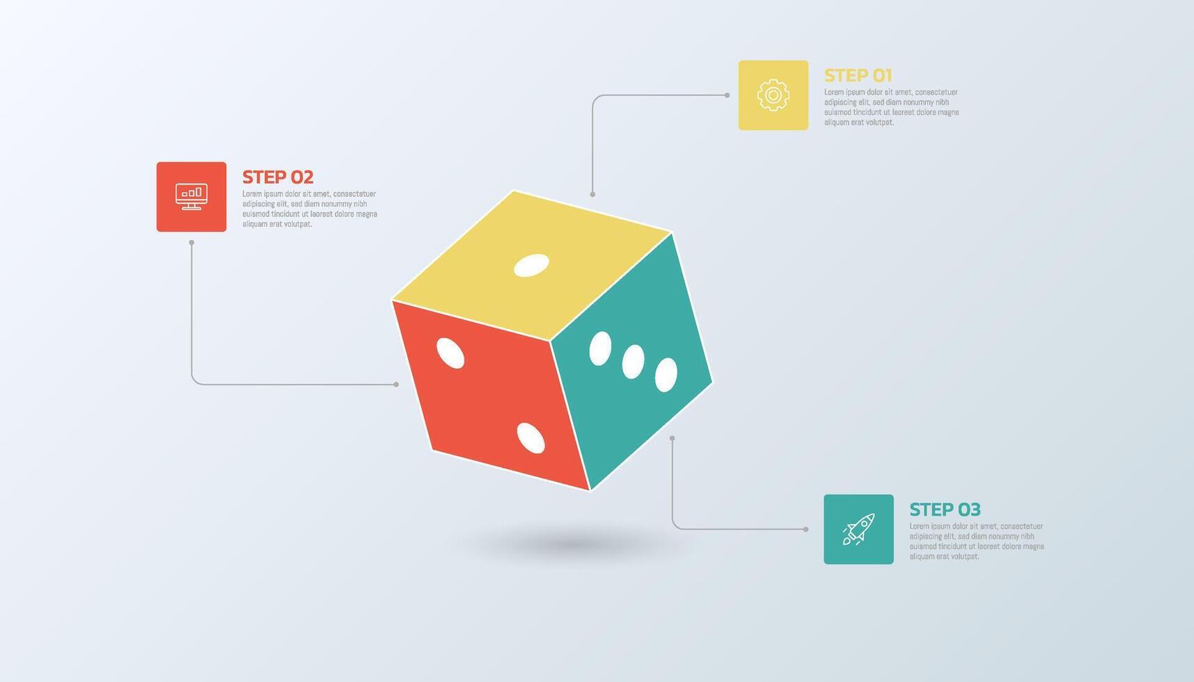Each side of the dice infographic template shows step-by-step presentation information. vector