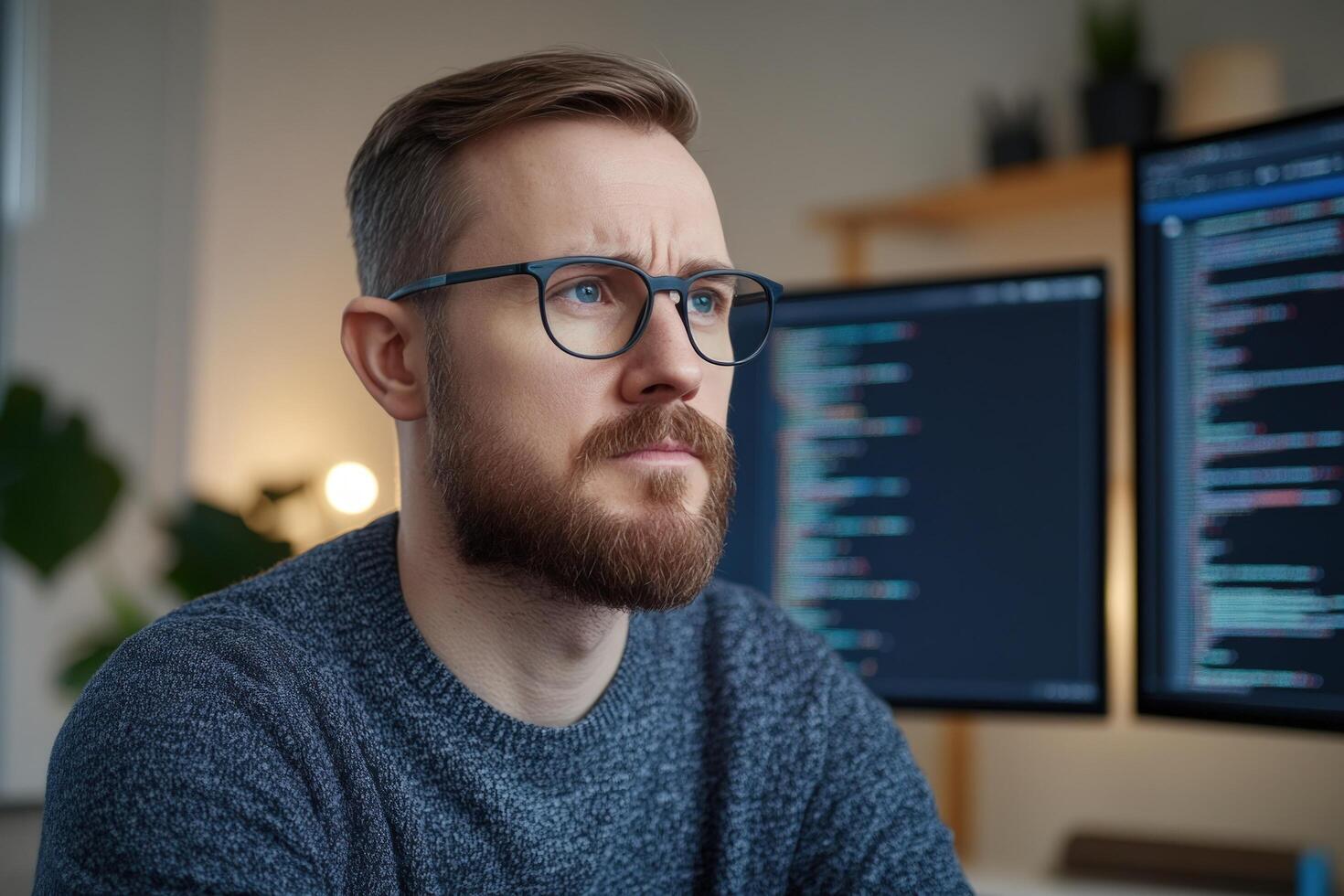 Software developer analyzing code on computer monitors photo