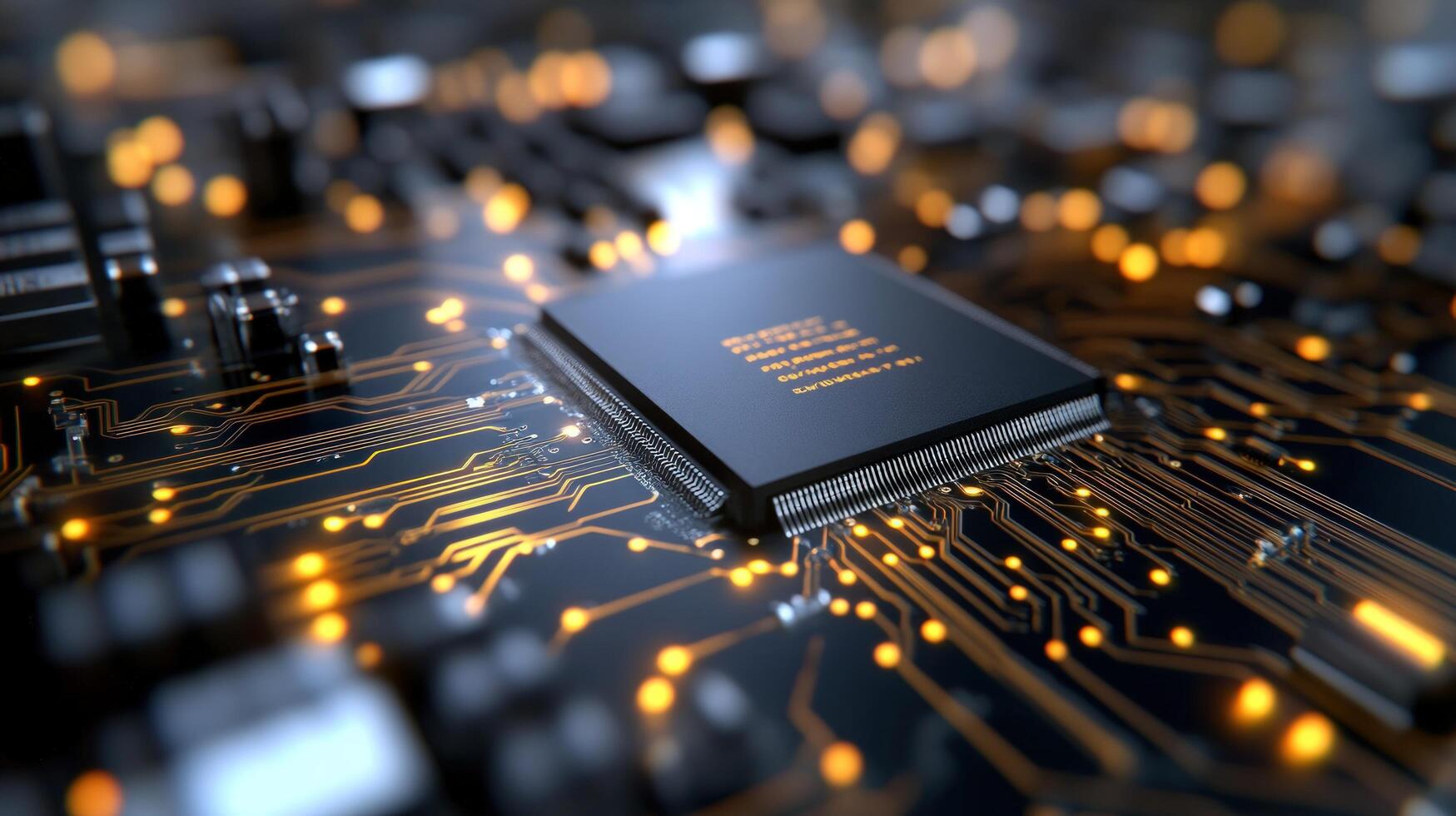 Computer microchip circuitry close up glowing pathways high tech technology background photo