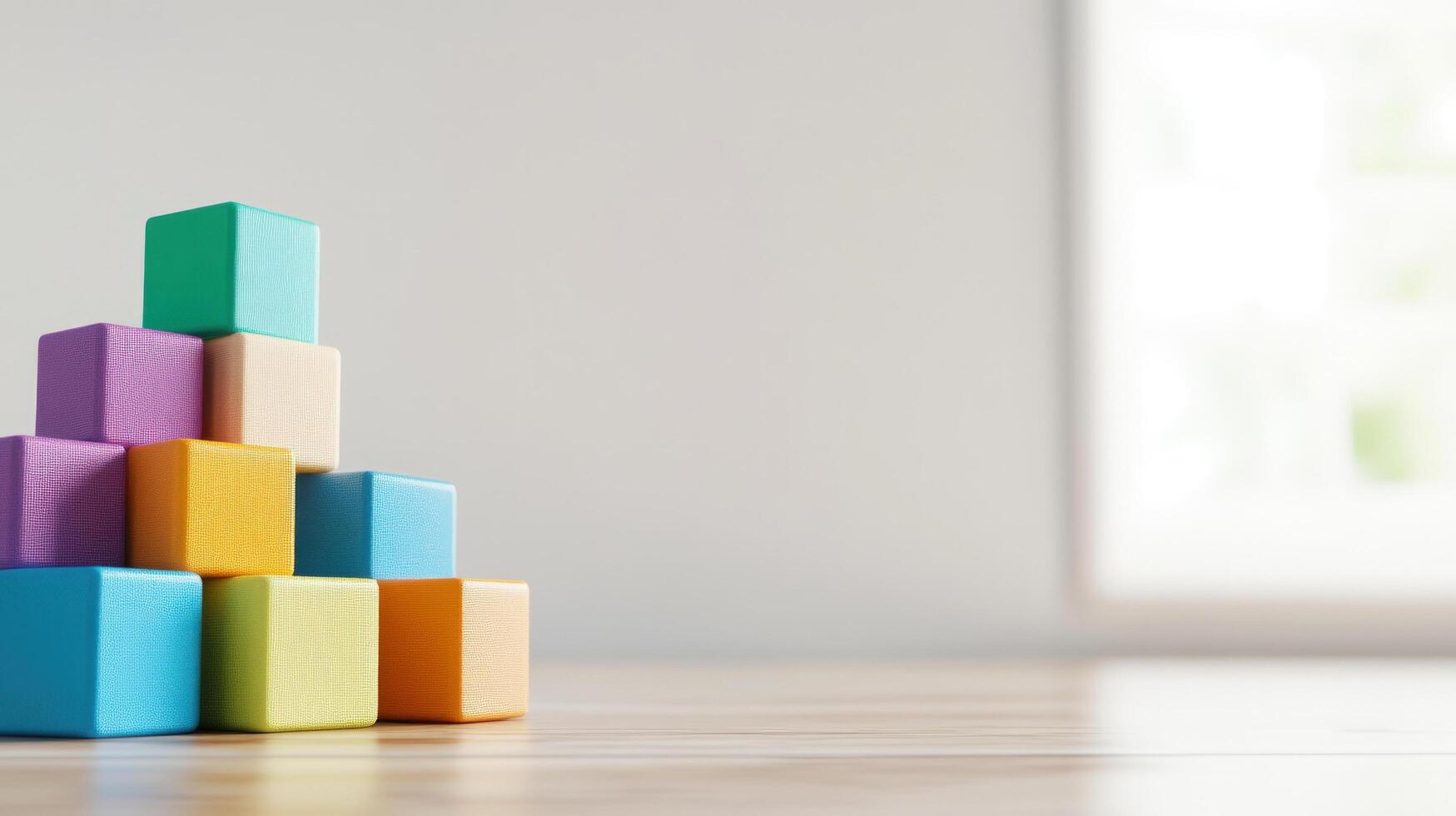 Stack of colorful toy building blocks in pyramid shape on wood background photo