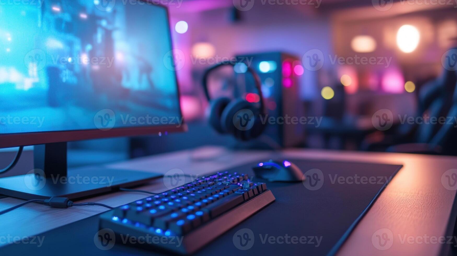 Modern computer setup with illuminated keyboard for gaming and productivity photo