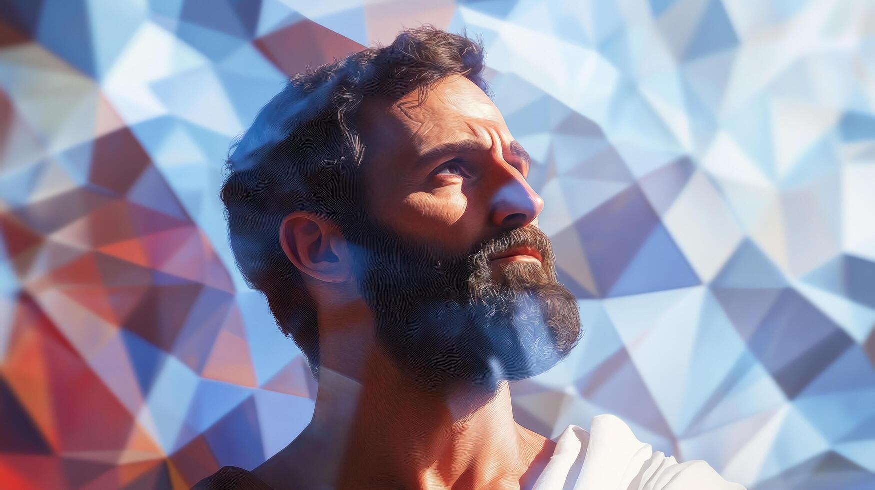 Man with beard looking upward against abstract geometric pattern background photo