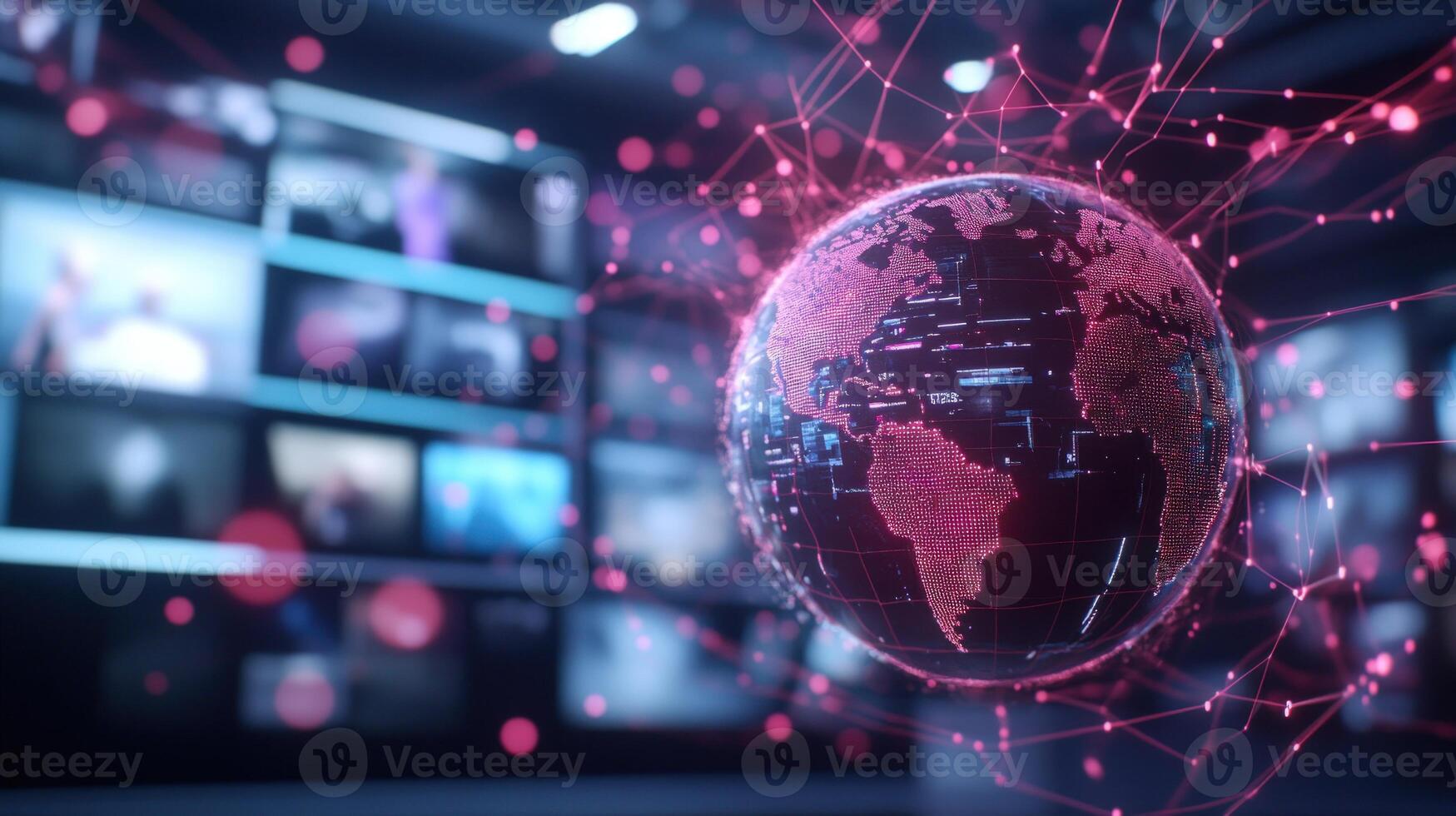 Digital world globe with interconnected network visualization and information display photo