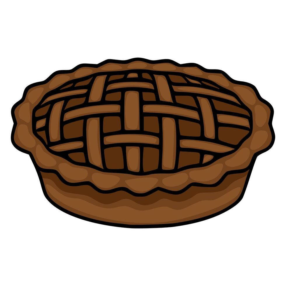 A illustration of a delicious looking chocolate pie with a lattice crust, presented in a simple, cartoonish style, perfect for bakery menus or autumnal designs. vector
