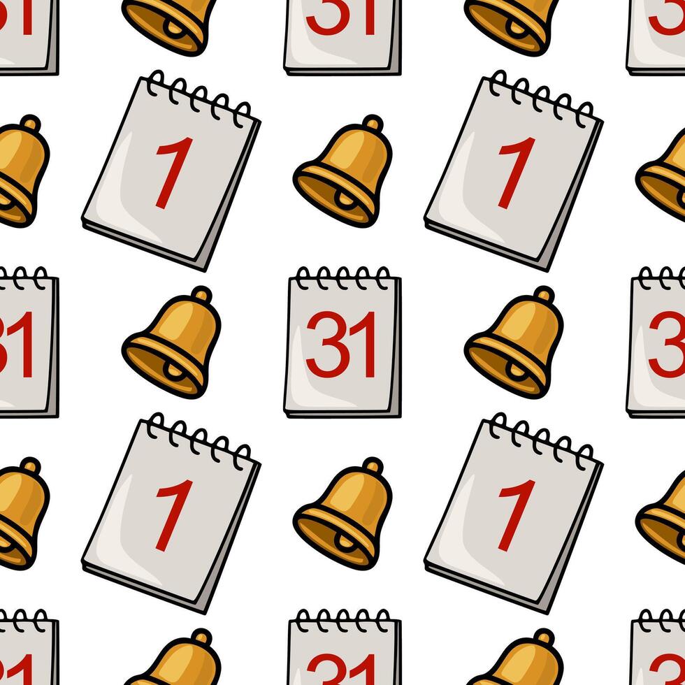 Seamless pattern featuring hand drawn illustrations of golden bells and calendar pages with the numbers 1 and 31, creating a playful and cheerful design ideal for festive or educational... vector