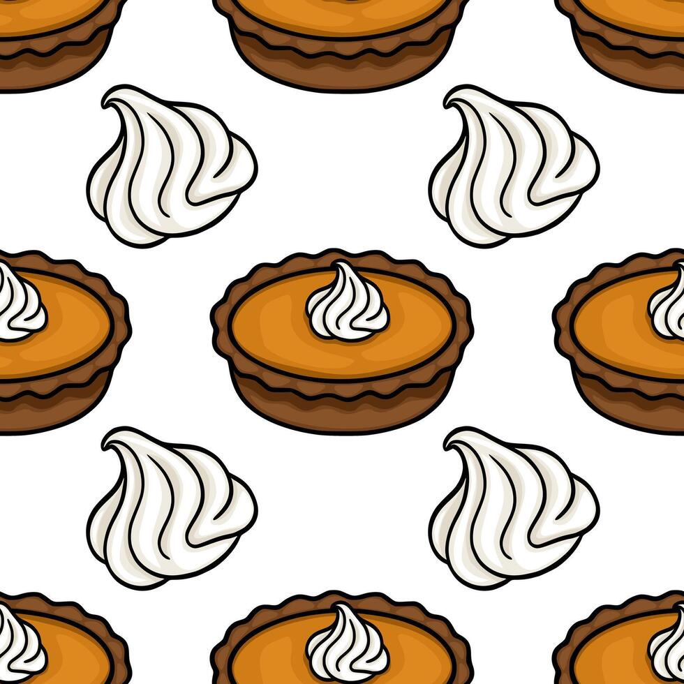 Seamless pattern featuring charming hand drawn pumpkin pies topped with swirls of whipped cream, creating a delightful autumnal design perfect for seasonal projects. vector