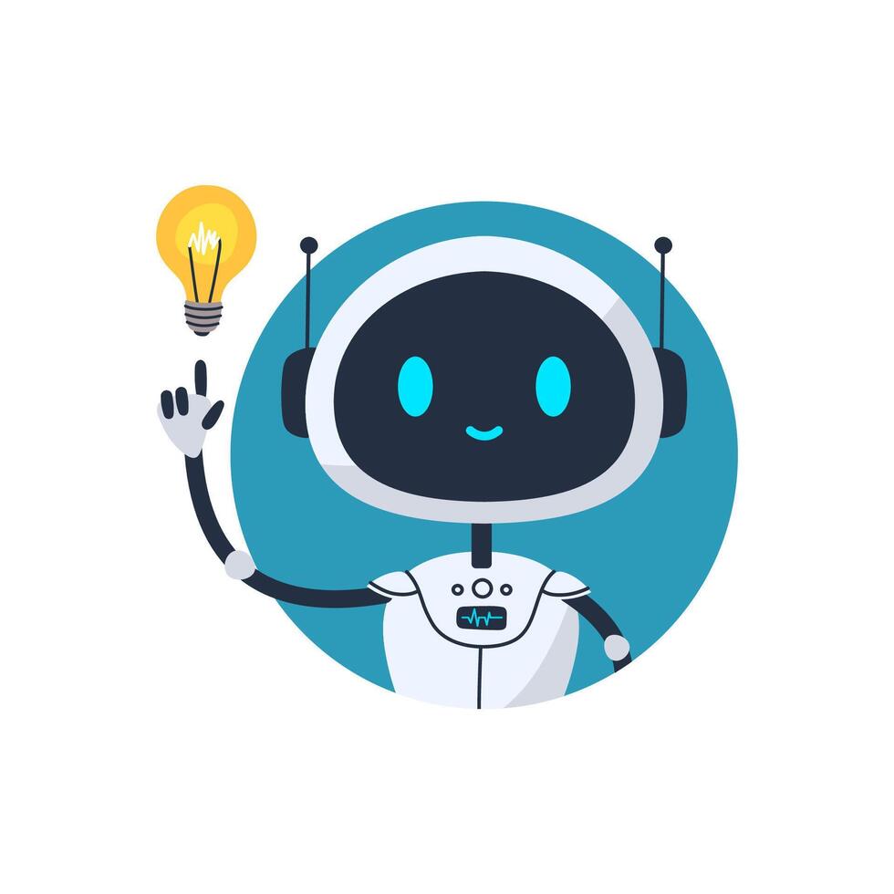Cute smiling robot avatar icon with idea symbol. Flat illustration of a futuristic chatbot character with antennas. Perfect for AI assistant or tech profile vector