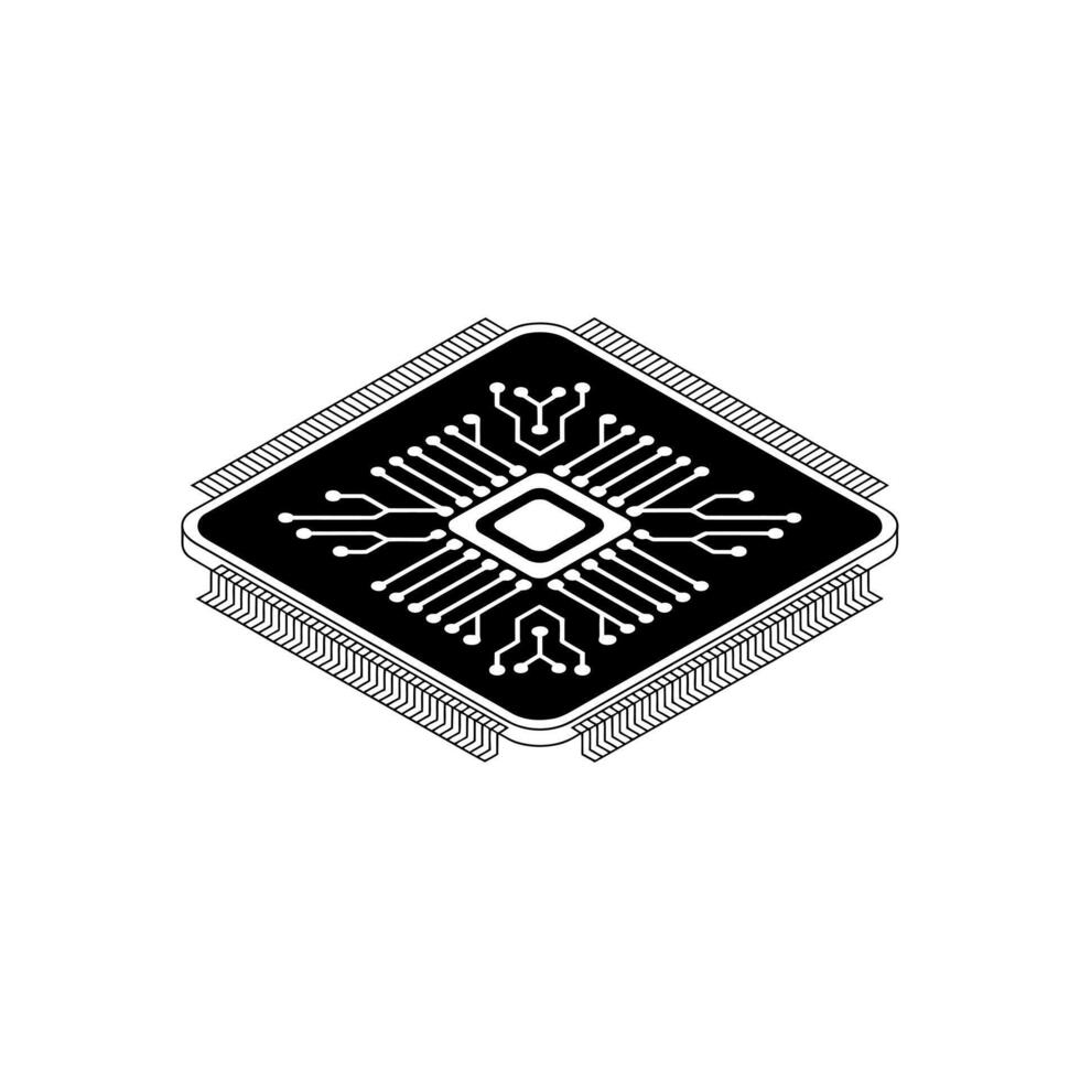 Black and white isometric illustration of a computer microchip computer chip processor vector