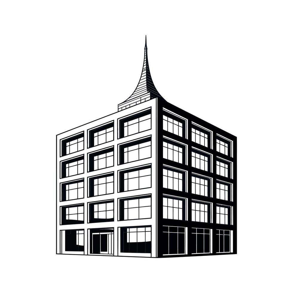 Black and white illustration of a modern building with a pointed spire architecture vector