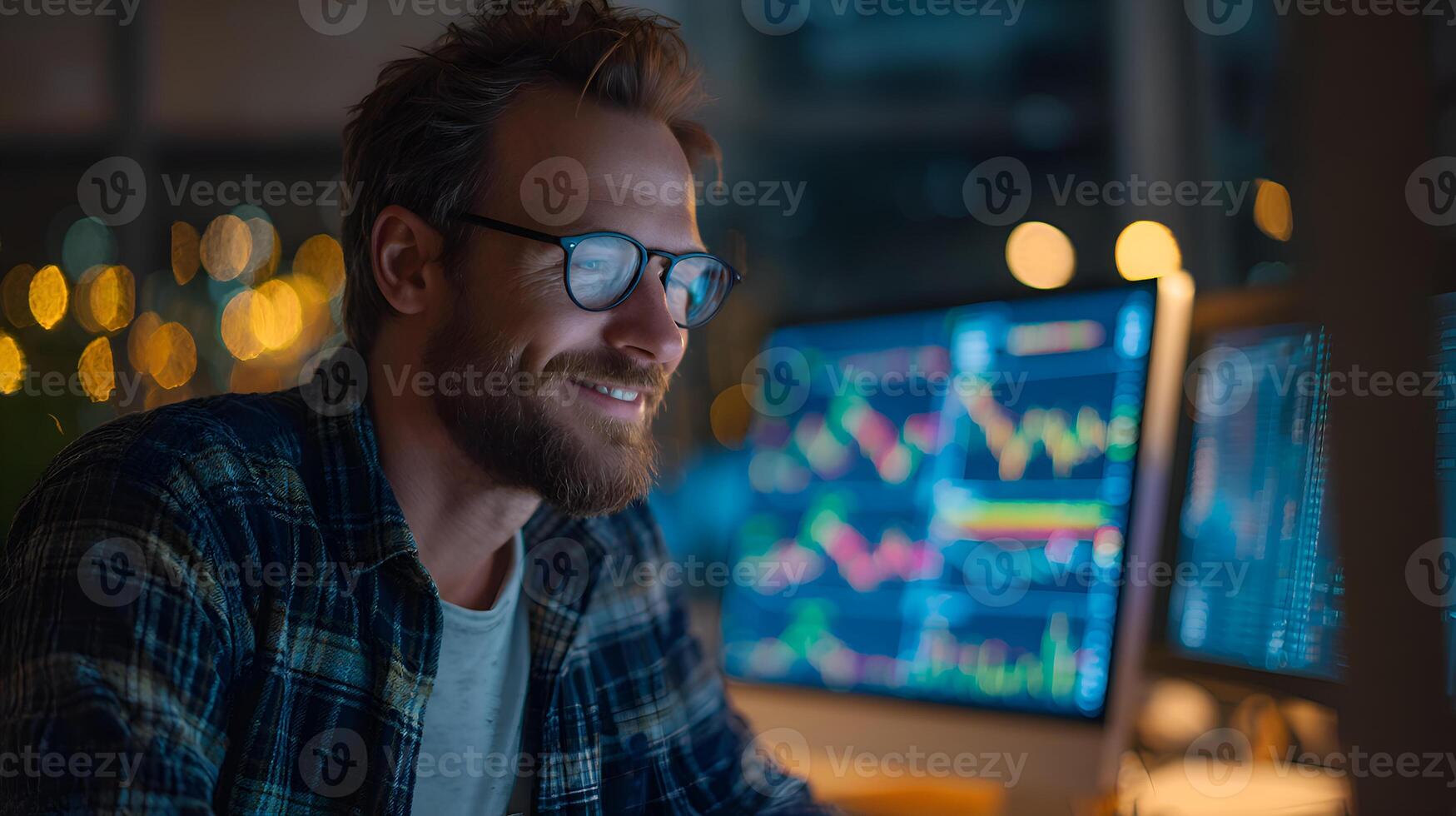 sonriente computadora programador trabajando en software código a noche foto
