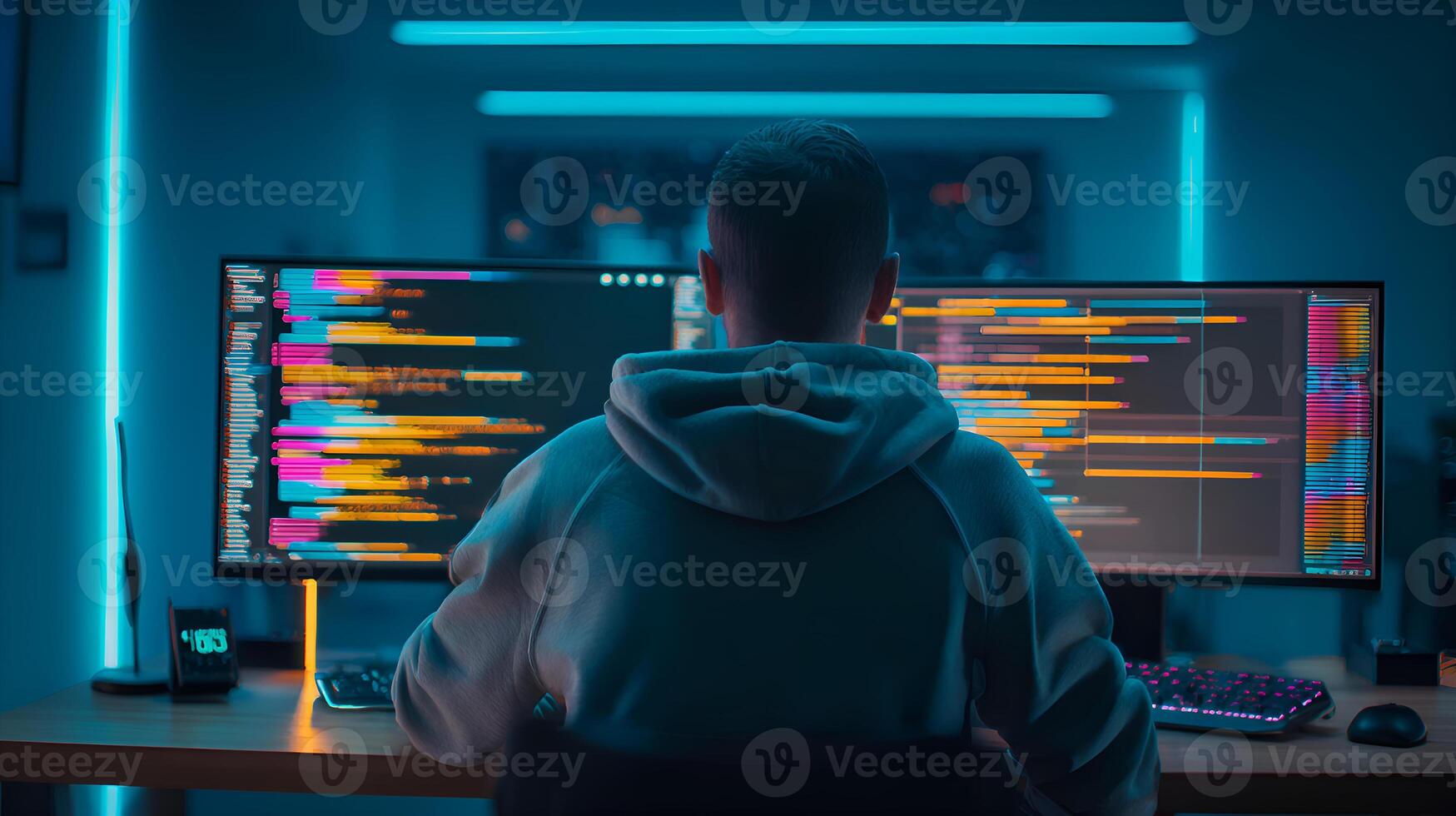 Software developer working late at night on computer code photo