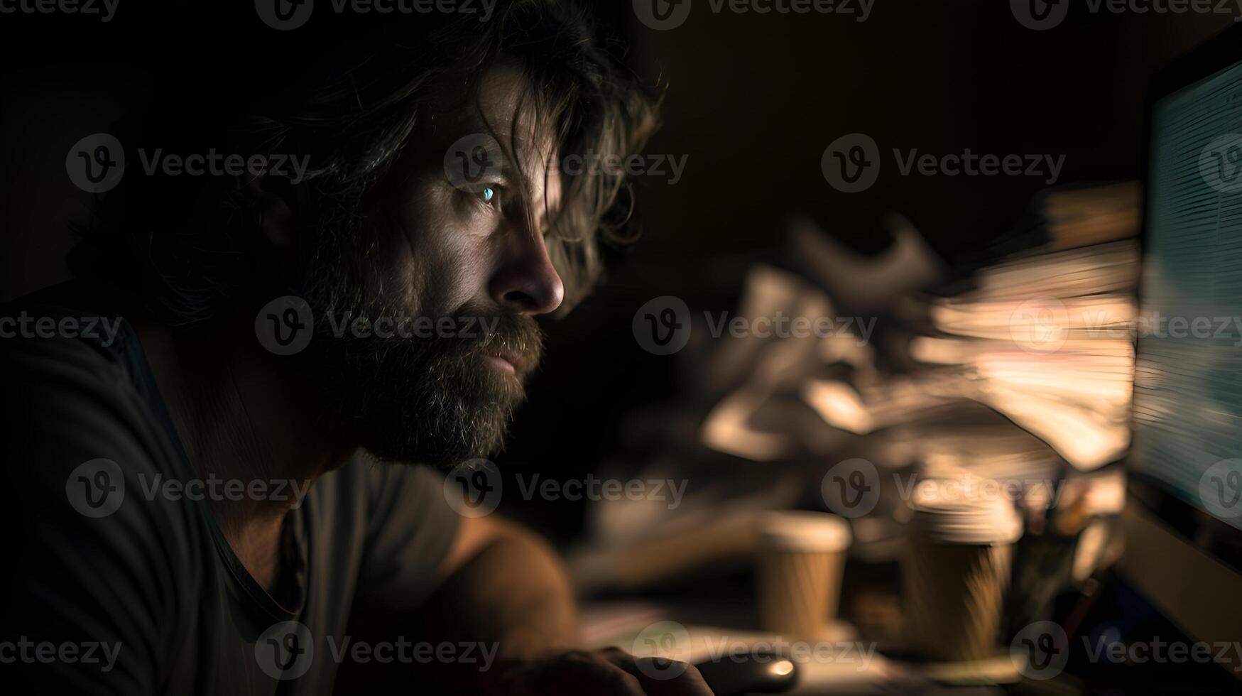 Focused programmer working late at night on computer code photo