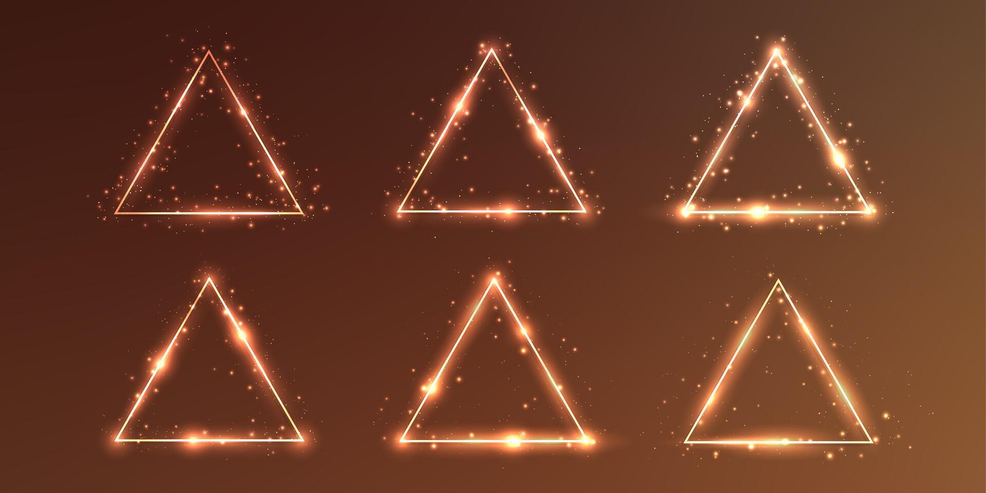 Set of six neon triangular frames with shining effects and sparkles on brown background. Empty glowing techno backdrop. illustration vector