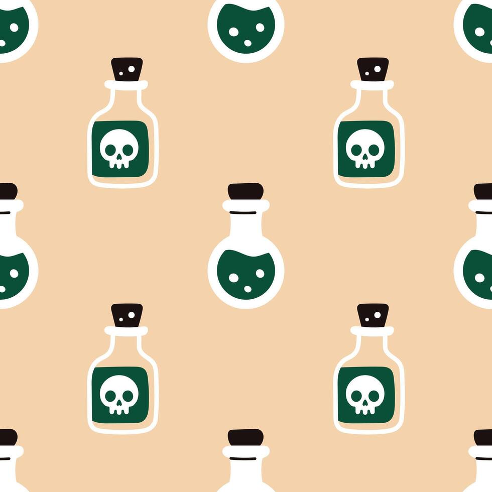 seamless pattern with poison bottles and green potion isolated on beige background. Spooky and mysterious halloween print for textile, wrapping, and dark decor. Witchcraft and magic print. vector