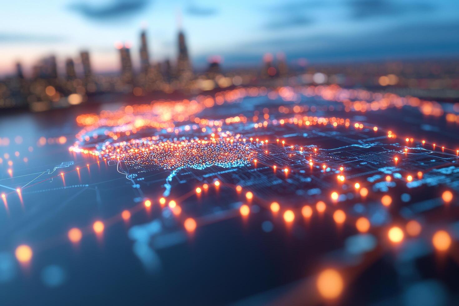 Abstract data network with glowing nodes and cityscape background photo
