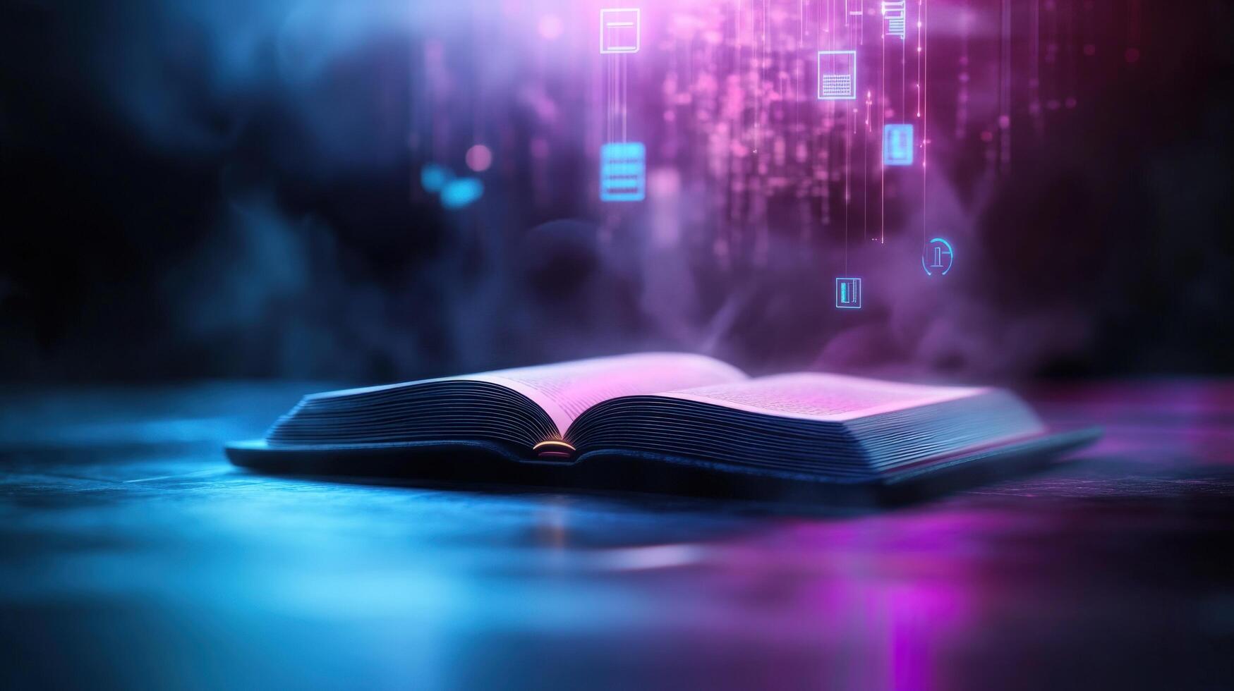 Digital data streaming from open book in futuristic glowing light representing knowledge and technology photo