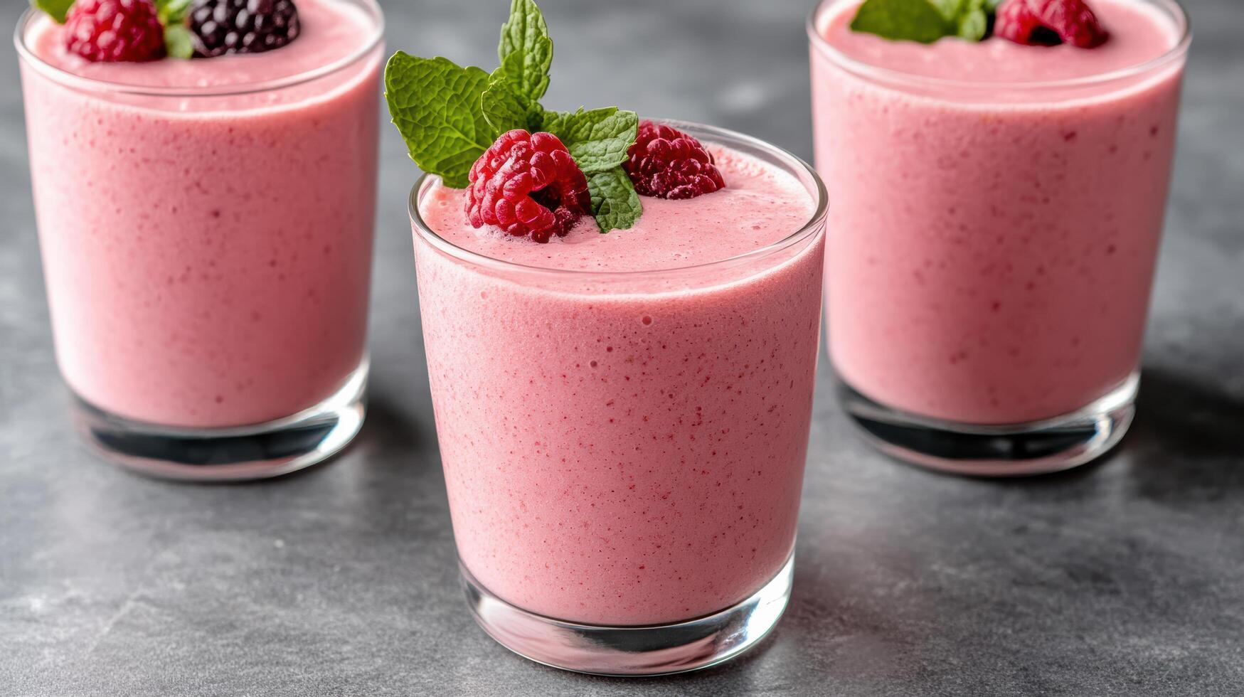Three glasses of raspberry smoothie with fresh raspberries photo