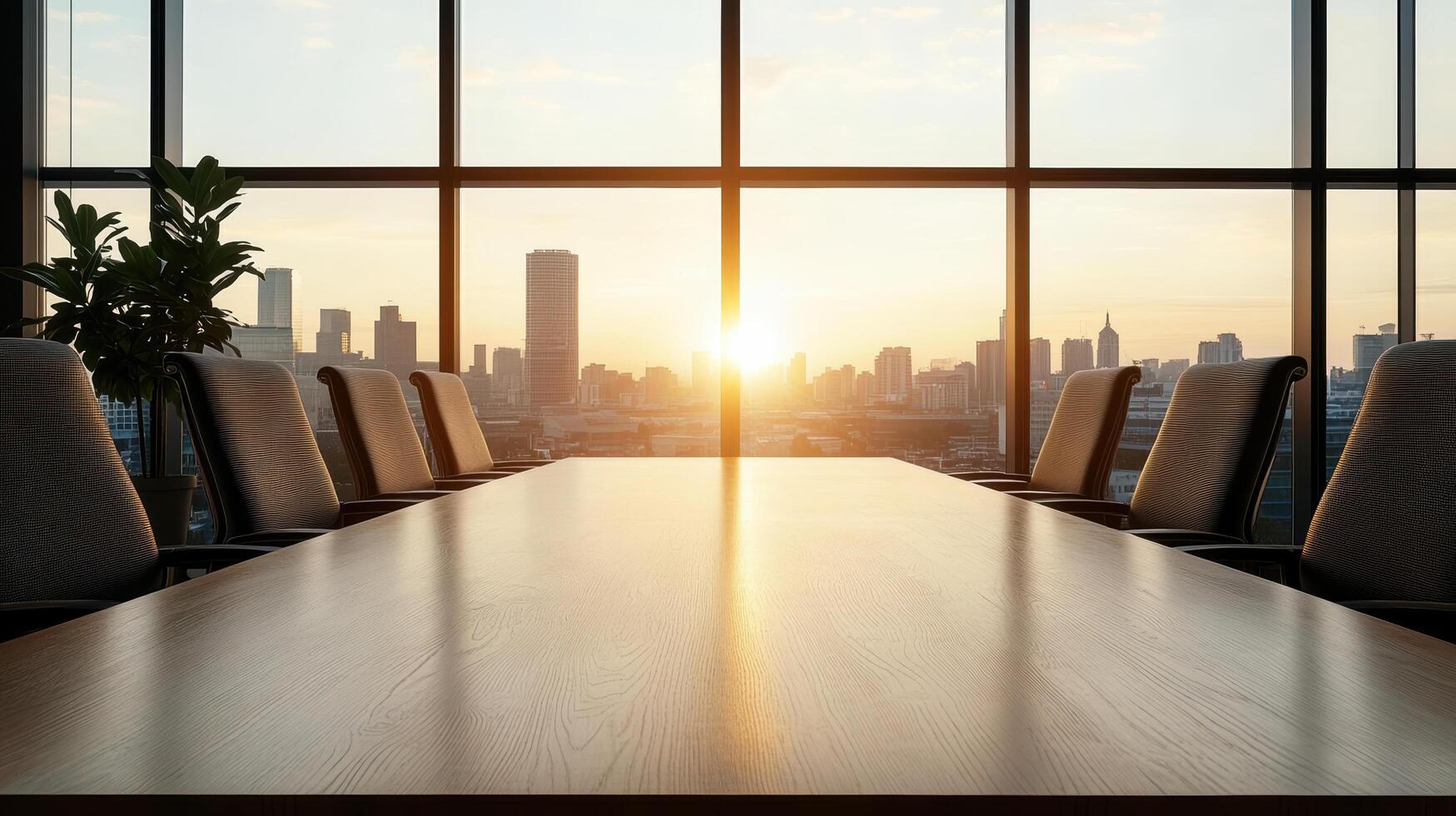 A conference table in front of a window with a city view photo
