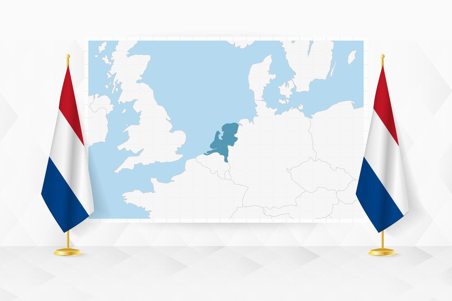 Map of Netherlands and flags of Netherlands on flag stand. vector