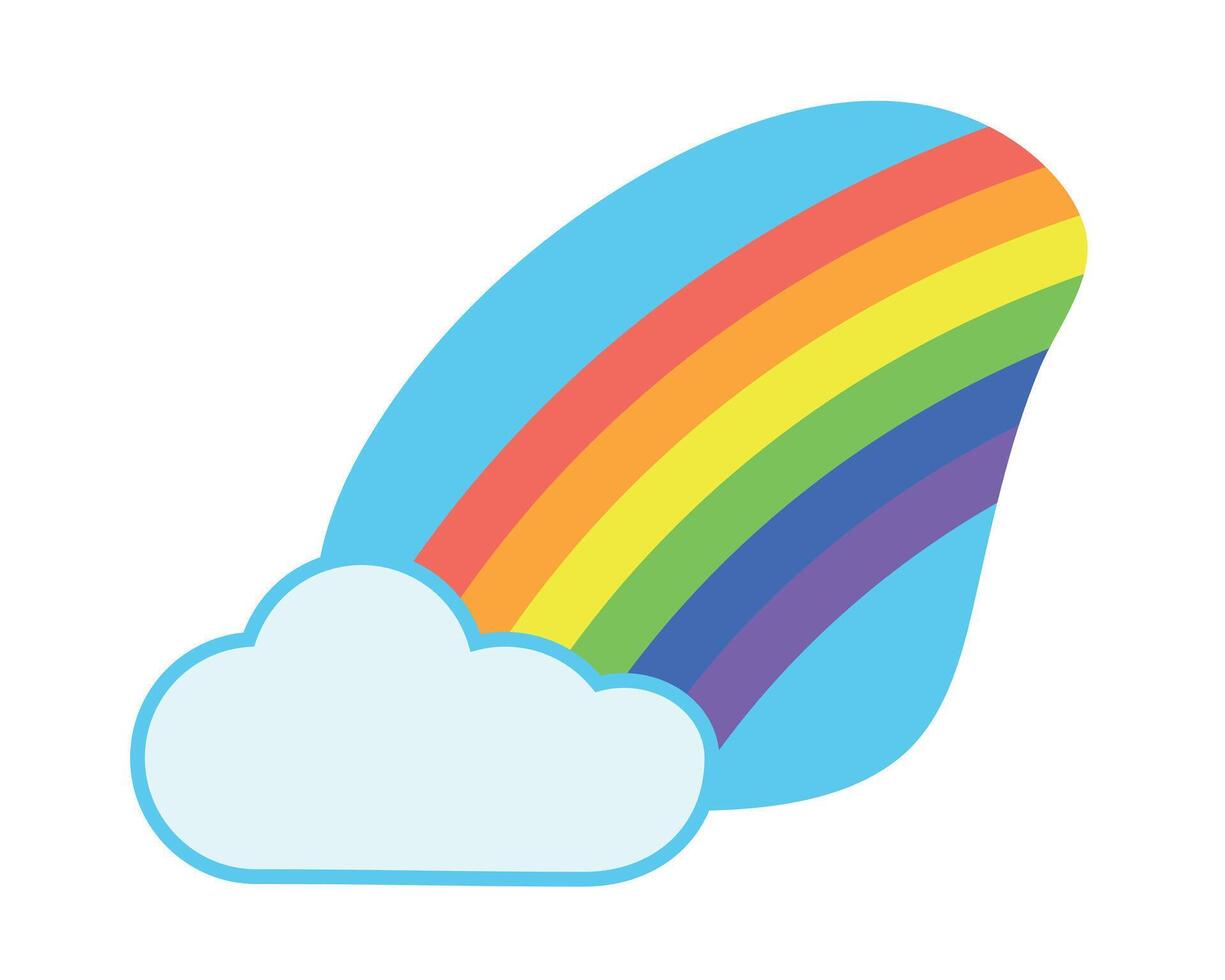 Cloud, Rainbow in curve shape. Celestial arc, light spectrum, band of colors. Multicolored Arch on Sky. Cumulus. Image for forecast app, climate infographic. Isolated. Flat style. illustration vector