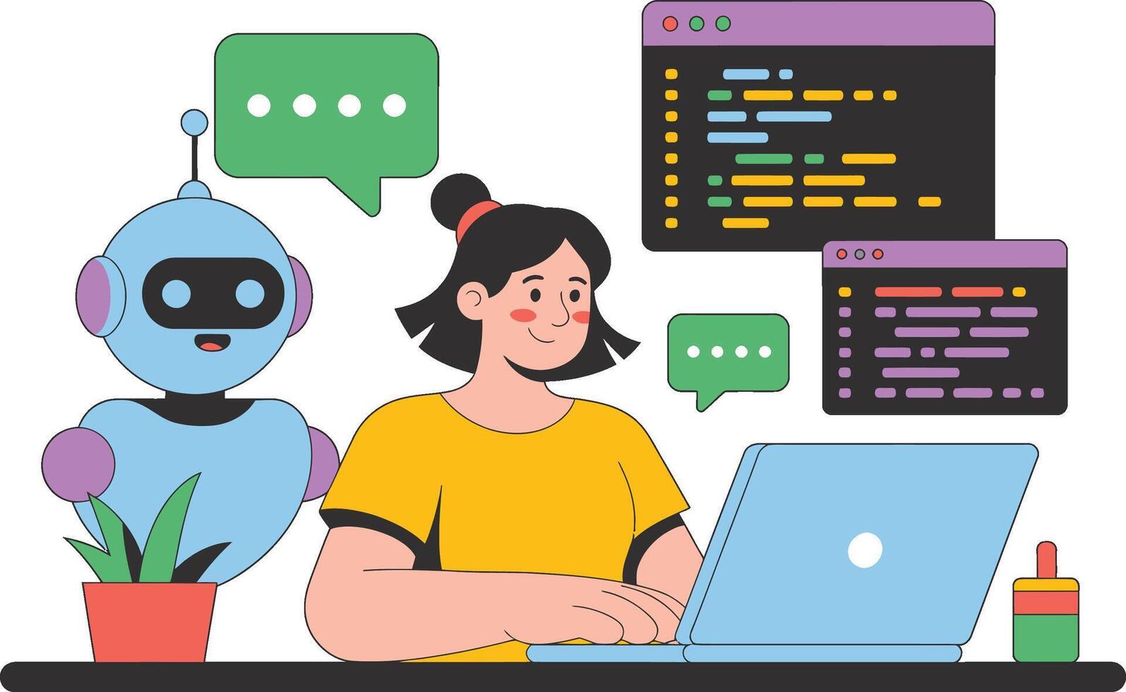 mujer codificación con un simpático robot asistente vector