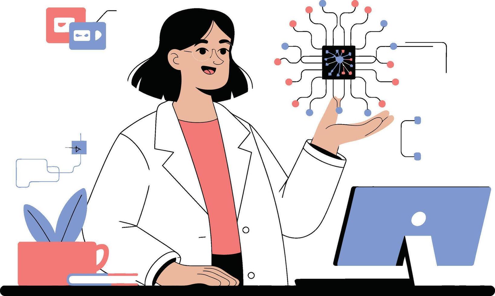 Scientist Holding a Microchip with Data Connections vector