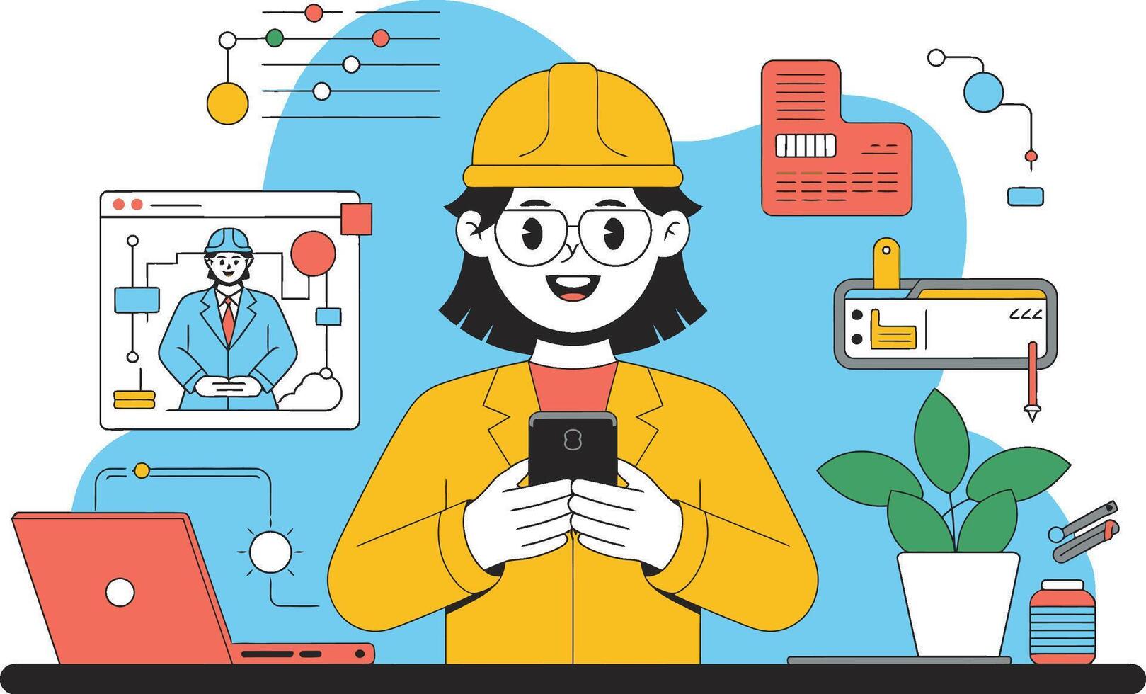 Engineer using smartphone with digital interface and laptop vector