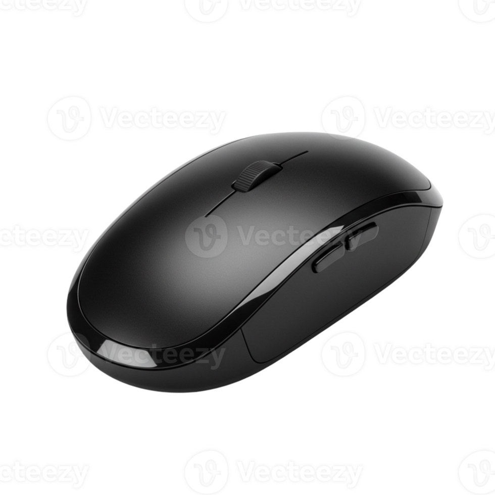 Sleek black wireless computer mouse with scroll wheel and side buttons on clean white background png