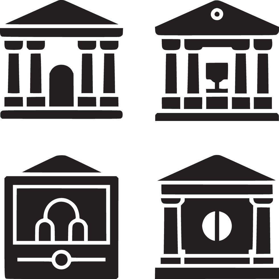 Four black and white icons depicting different building structures in a simple style design vector