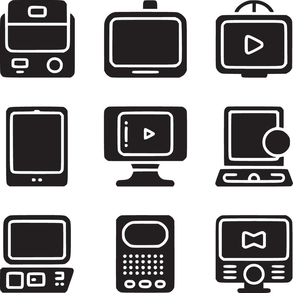 Nine black and white icons depicting various electronic devices arranged in a square grid pattern vector