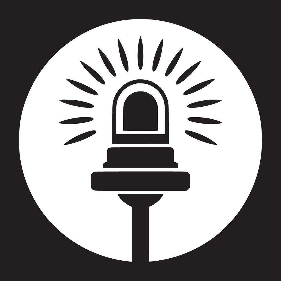 A black and white graphic of a light with rays emanating from it set against a circular background vector