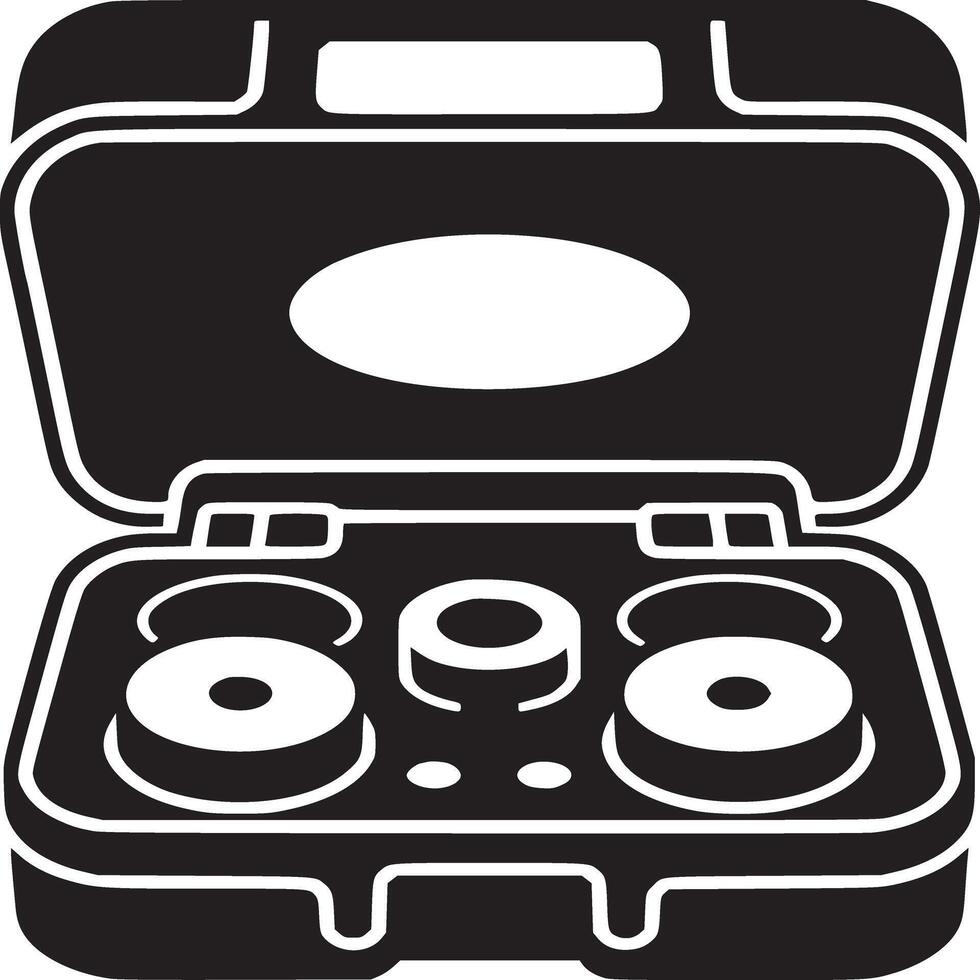 Illustration of an open black case with circular objects inside on a white background art style vector