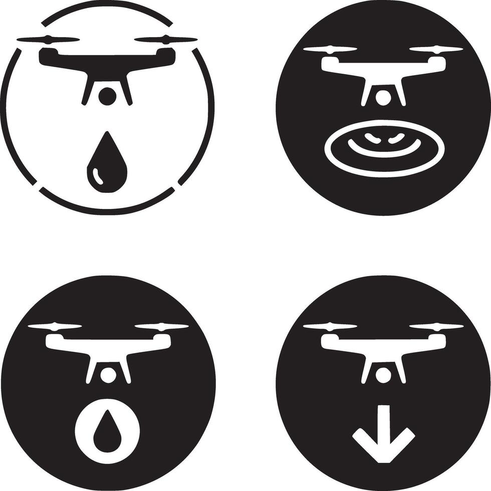 Four drone icons showing different functions such as spraying and descending in black and white color vector