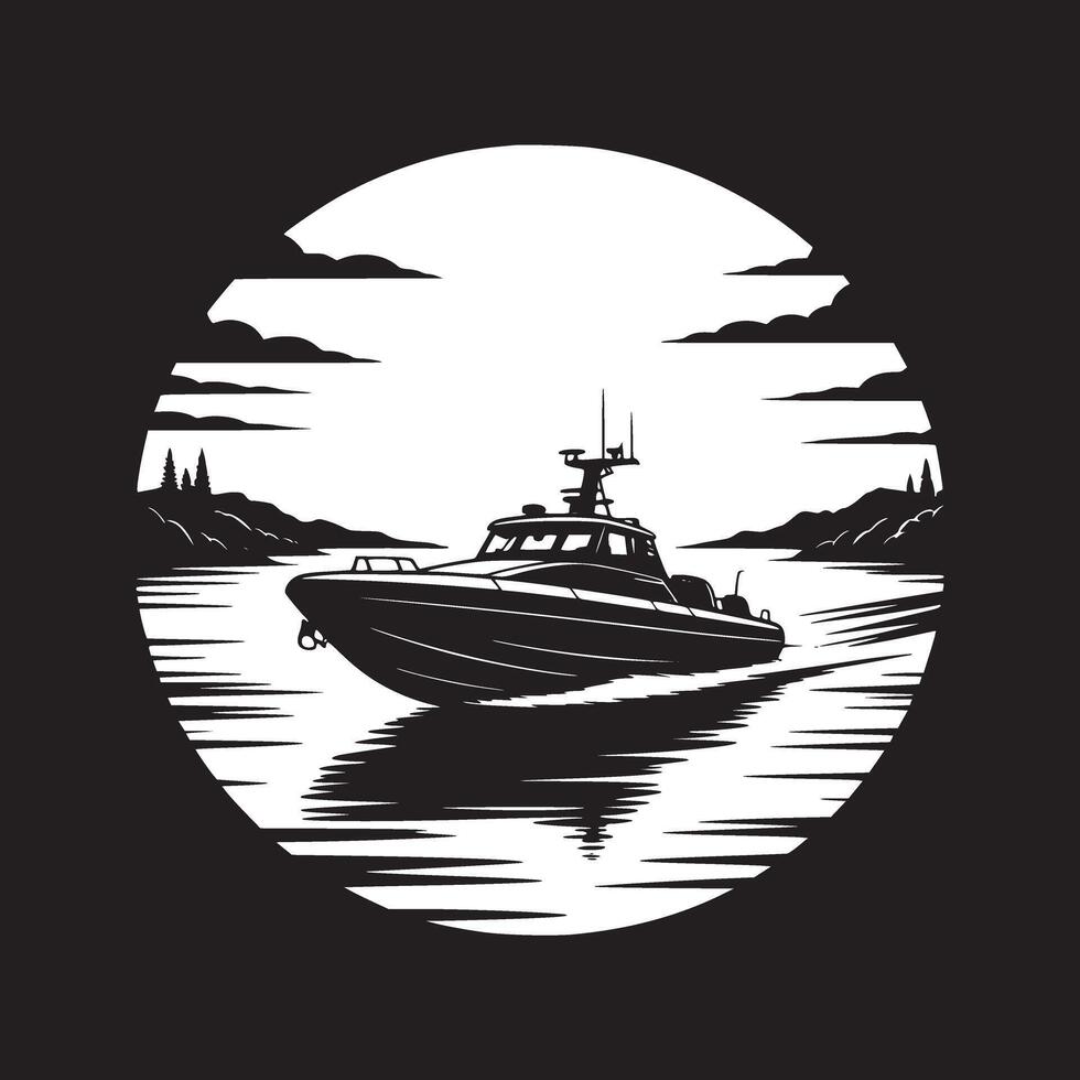 A black and white graphic of a boat on water with trees and clouds in the background in a circle vector