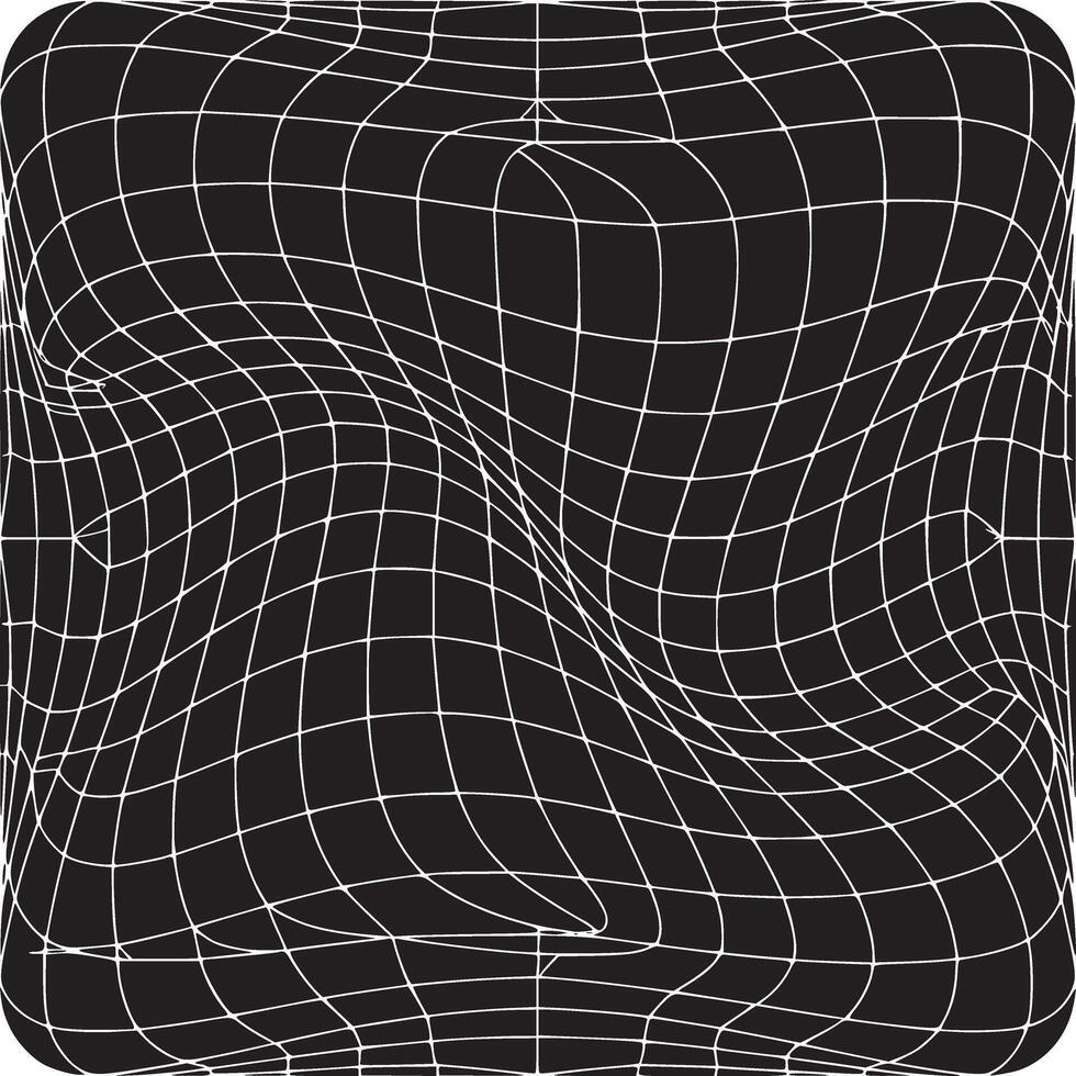 Distorted white grid on black background creating a warped and curved perspective in a square shape vector