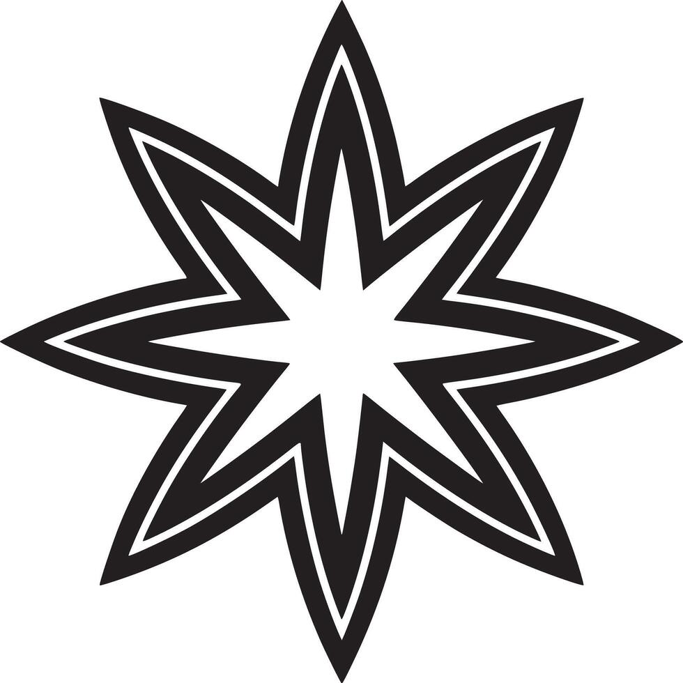 A graphic illustration of an eight pointed star design in black and white with sharp edges and points vector