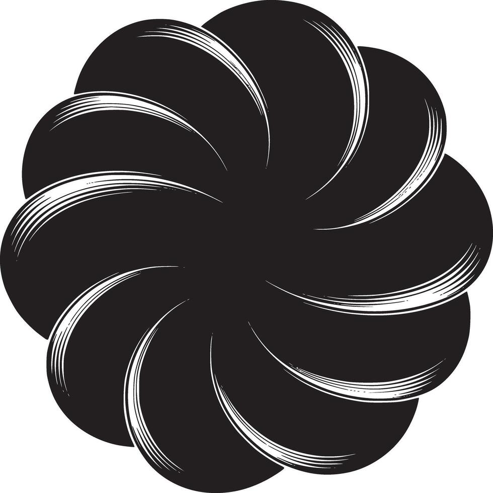 A black and white circular design with repeating curved shapes forming a flower like pattern image art vector