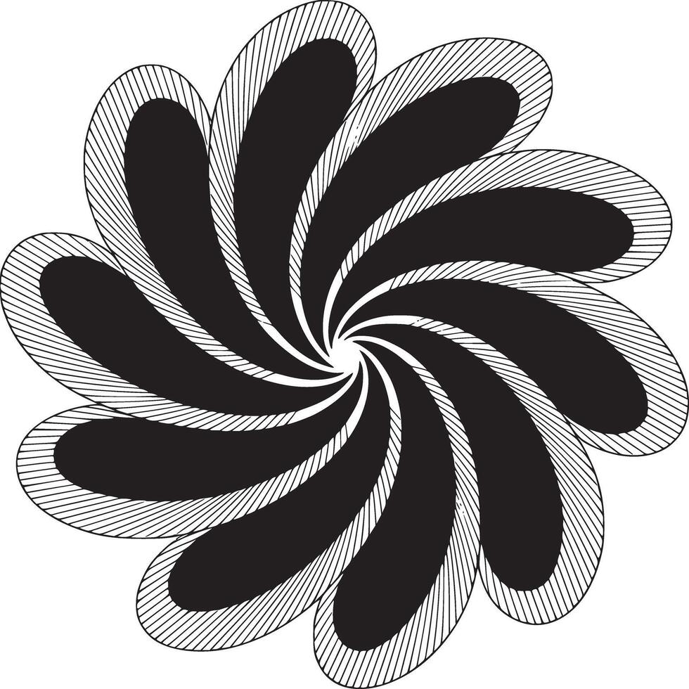 Black and white spiral design with petal shapes and striped border creating a vortex effect art vector