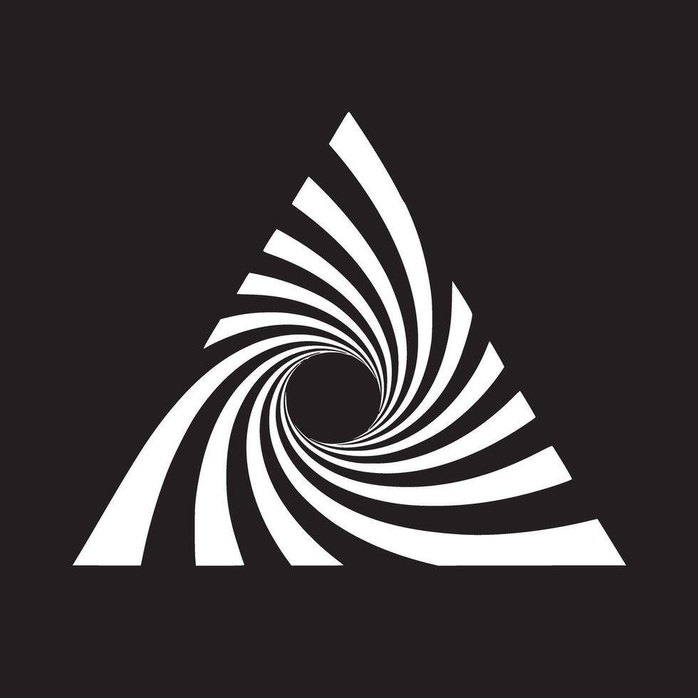 A white triangle with a swirling pattern converging into a dark circle on a black background design vector