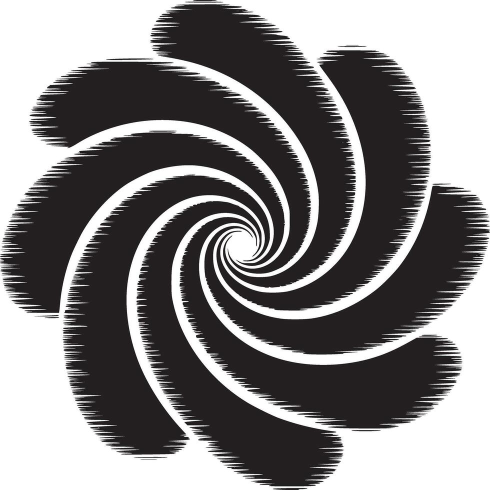 A black and white abstract spiral design with curved shapes radiating from the center point inwards vector