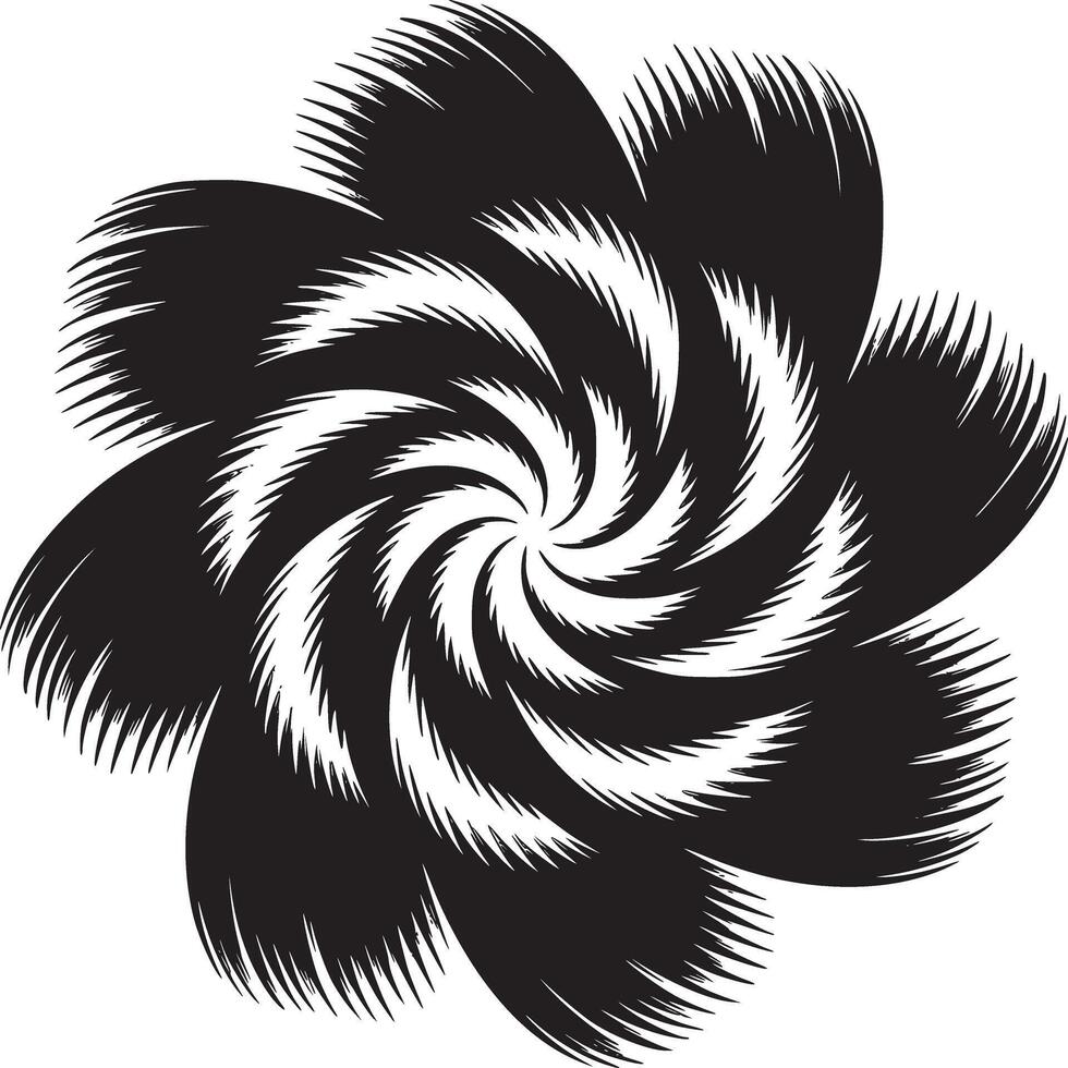 Monochrome abstract flower with swirling center and radial petals on a white background design element vector