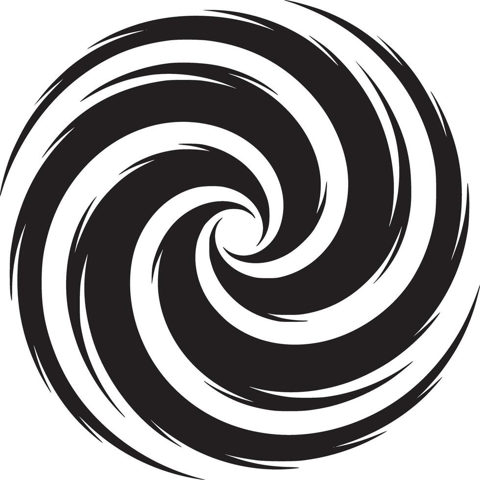 A black and white spiral design with curved lines converging towards the center of a white background vector