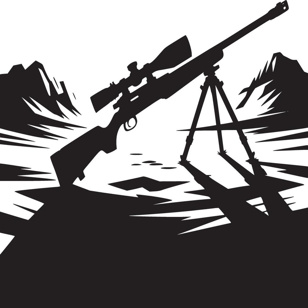 Silhouette of a rifle with a scope on a bipod in a mountainous landscape against a white background vector