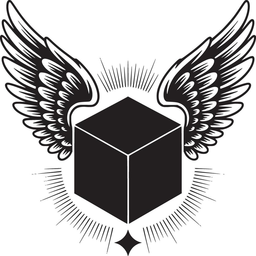 A black cube with wings and starburst design in a monochrome style on a white background art piece vector