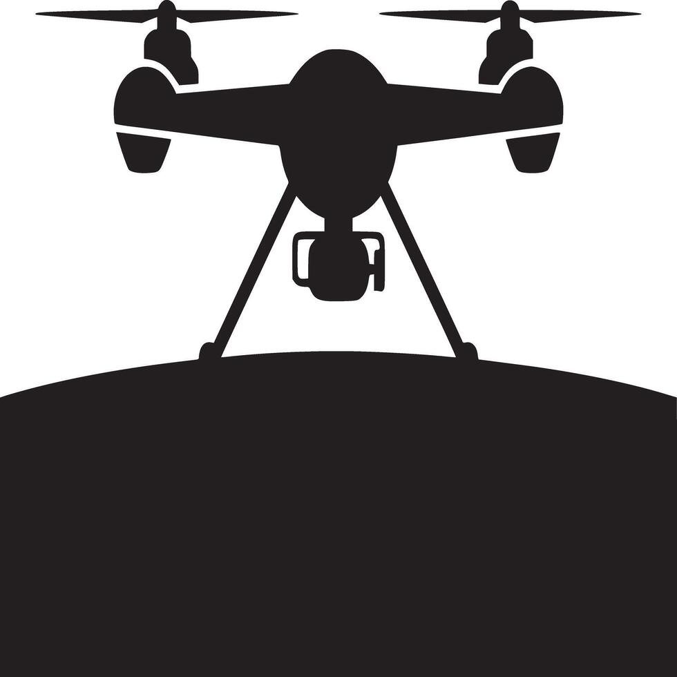 A silhouette of a drone with four propellers and a camera mounted on a dark curved surface area vector