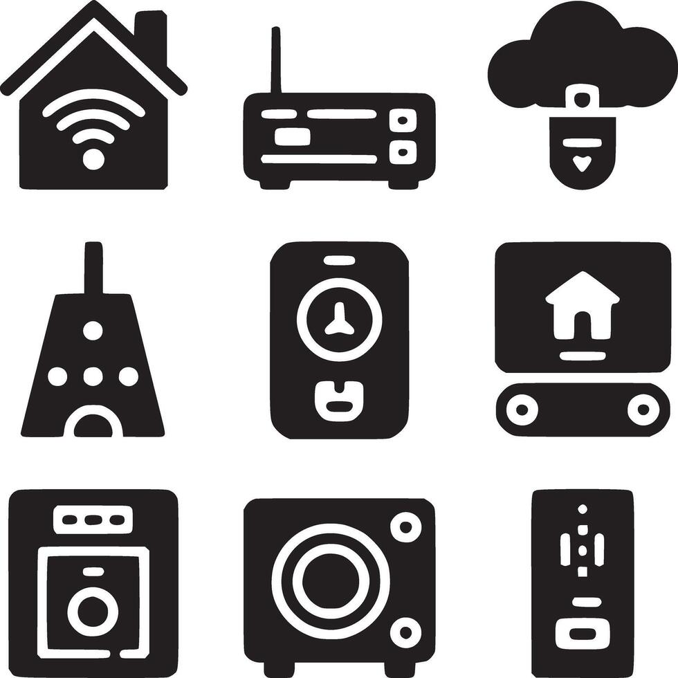 Collection of black and white smart home automation and iot devices icons in a grid layout vector
