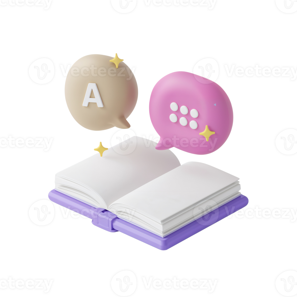 Whimsical language learning concept with open book and floating speech bubbles icon with no png