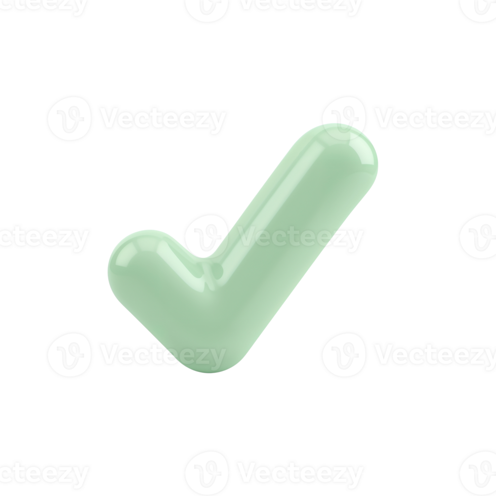 Mint colored checkmark with glossy finish hovering against clear and detailed rendering png