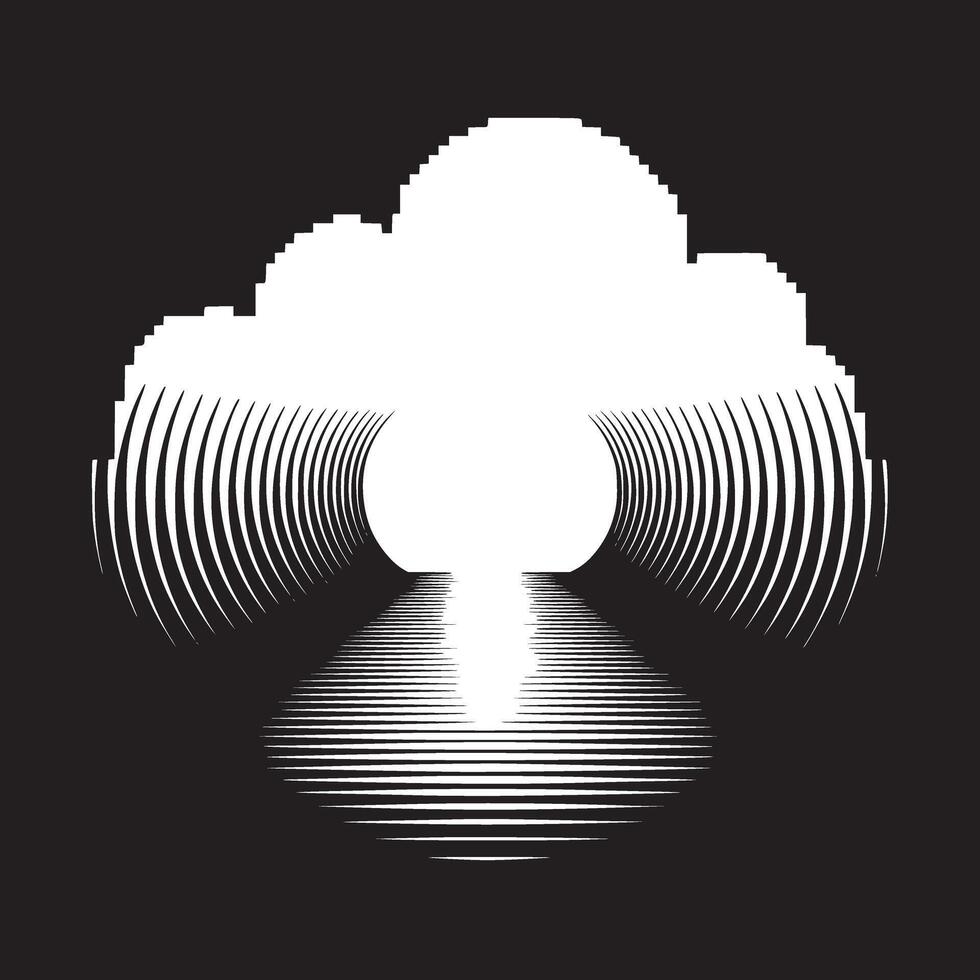 Abstract black and white image with cloud shape and radiating lines creating a tunnel effect vector